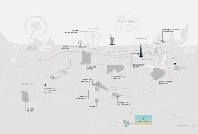 The Valley prime location map - Downtown Dubai branded homes and luxury apartments
